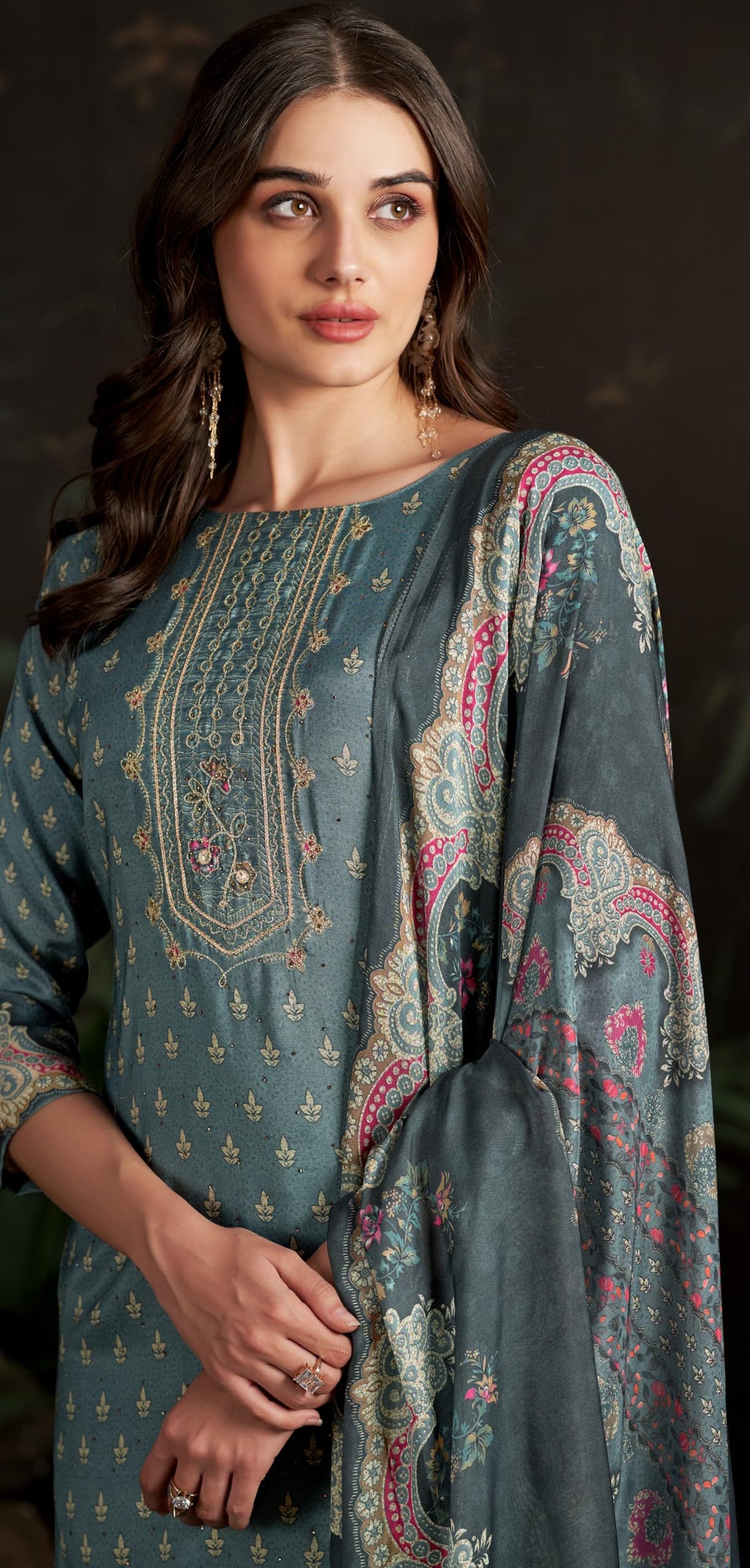 DRAVINAM Trends Women's Unstitched Maslin Salwar Suit Dress Material - Pure Bemberg Maslin Aari Work Kameez II Rayon Unstitch Bottoms II Viscose Maslin Digital Prints Dupatta