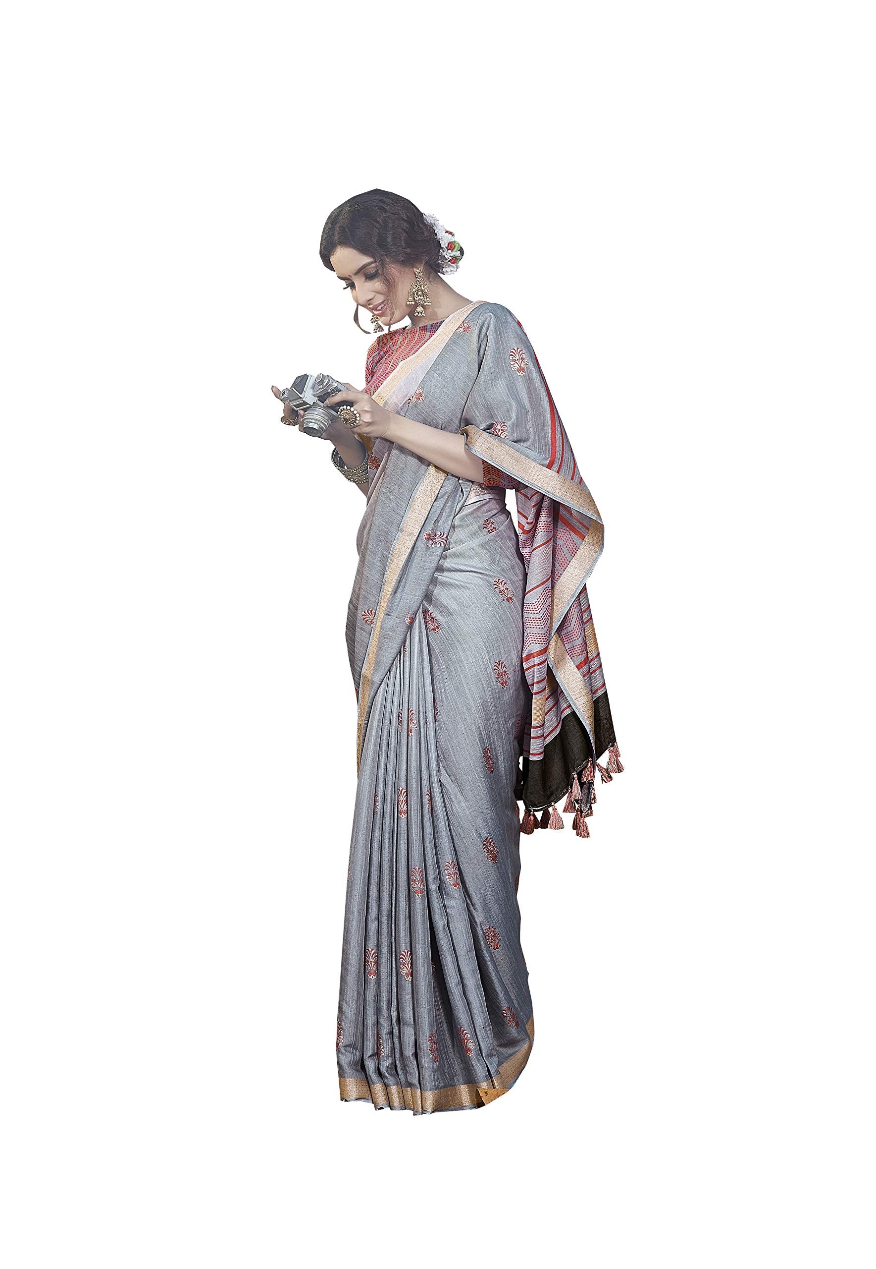 DRAVINAM Trends Women's Foil Printed Thin Cotton saree with Golden Border and Tassels and Blouse Piece (Grey)