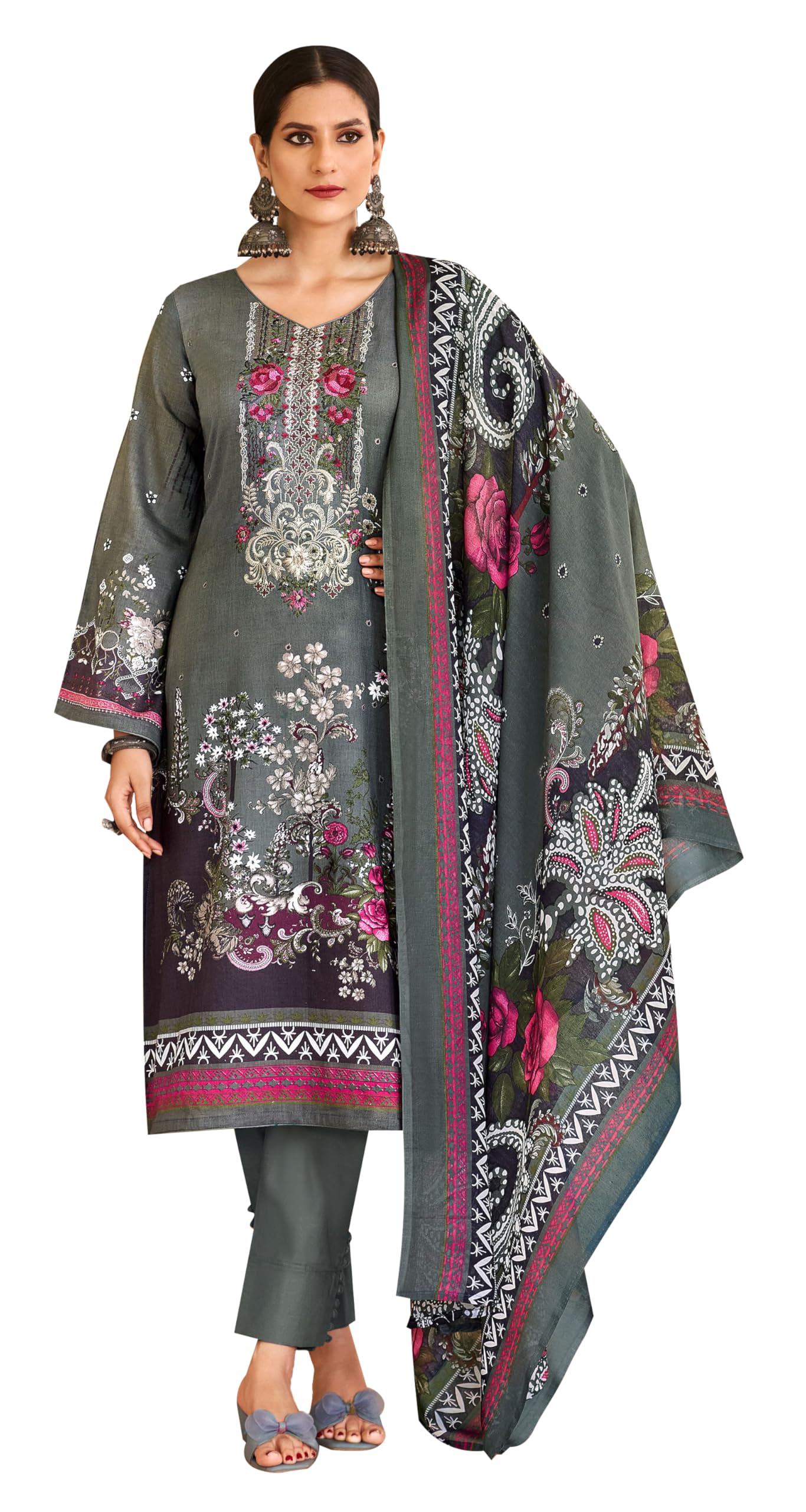 DRAVINAM Trends Lawn Cotton Pakistani Embroidered Suit Dress Material with Unstitched Bottoms and Cotton Dupatta