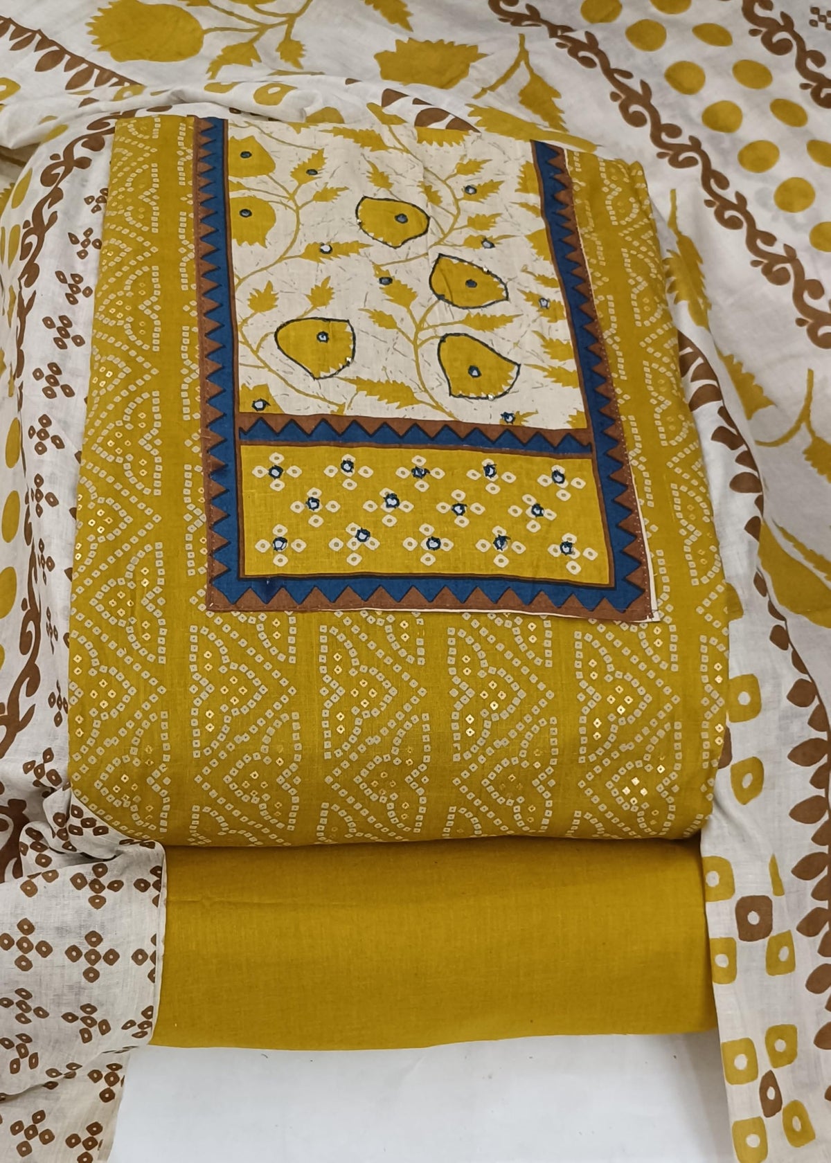 DRAVINAM Trends Women's Unstitched Cambric Cotton Dress Material Salwar Suit Set with Dupatta | Geometric Batik Print & Embellished Neckline (Multicolor)