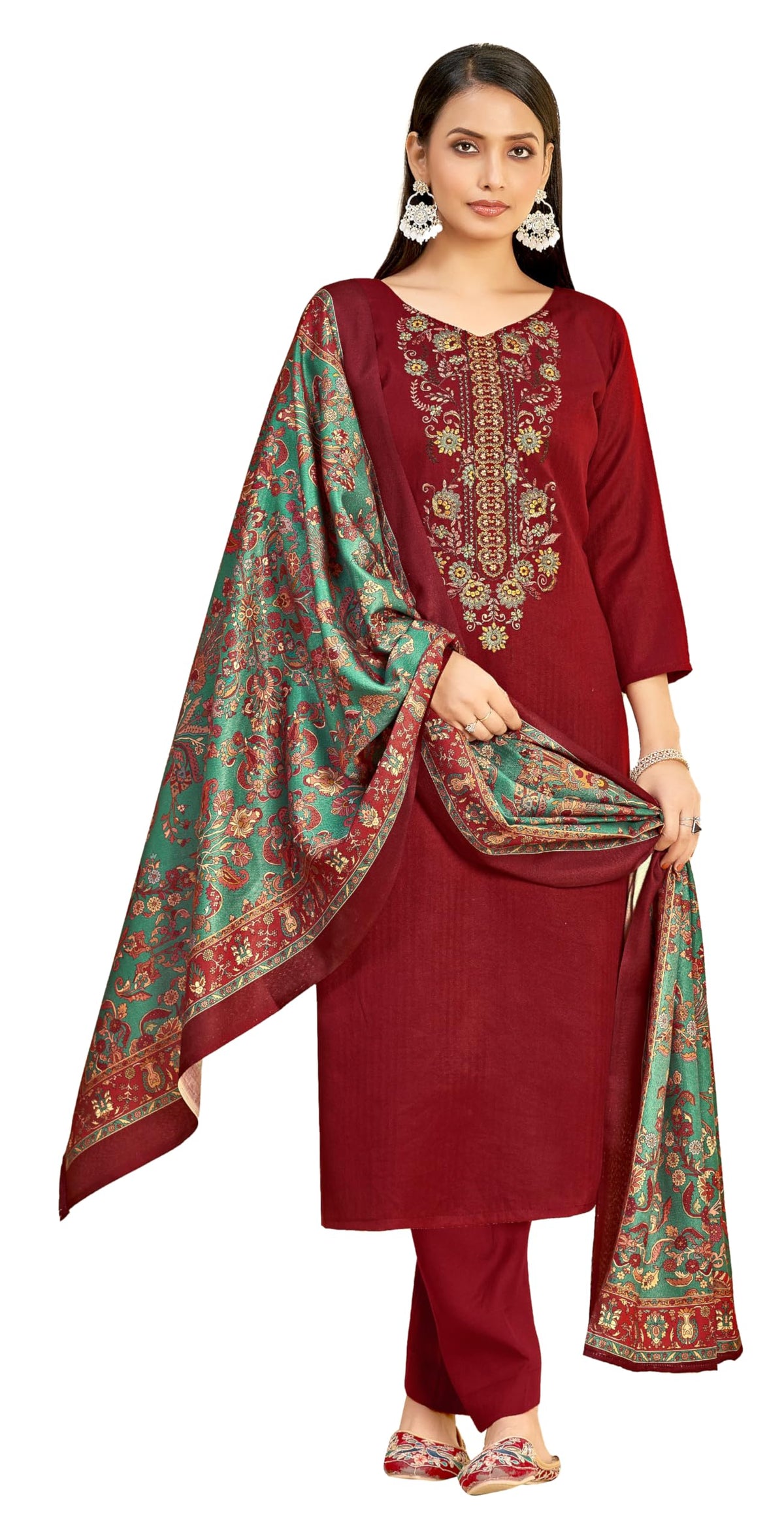 DRAVINAM Trends Women's Unstitched Winter Wear Woollen Pashmina Embroidered Salwar Suit Dress Material with Pashmina Printed Shawl Dupatta