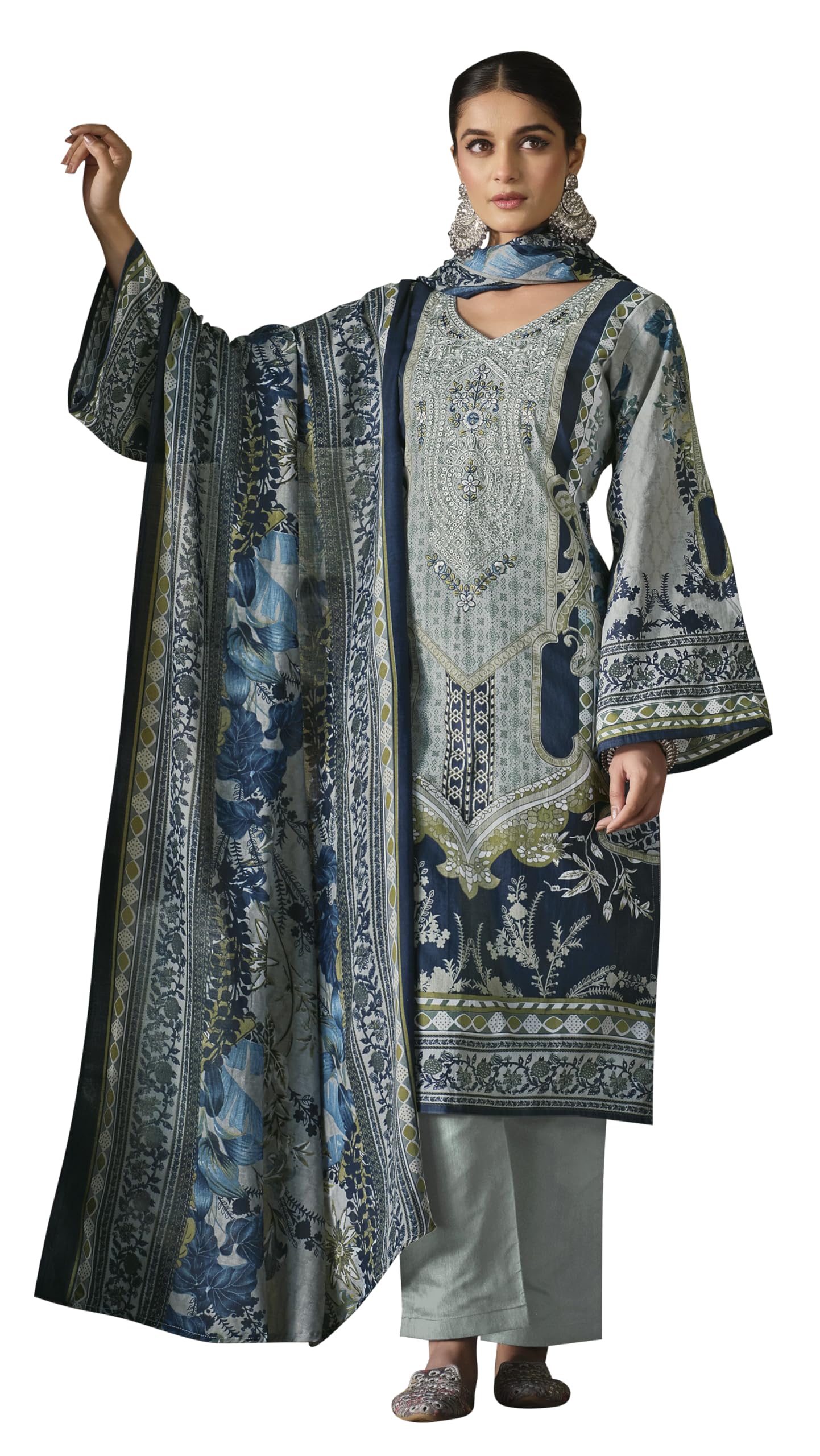 DRAVINAM Trends Women's Stitched Digital Style Print Embroidered Pure Cotton Kurta Pant Suit Set II Solid Pants II Printed Malmal Dupatta (XL / 42)