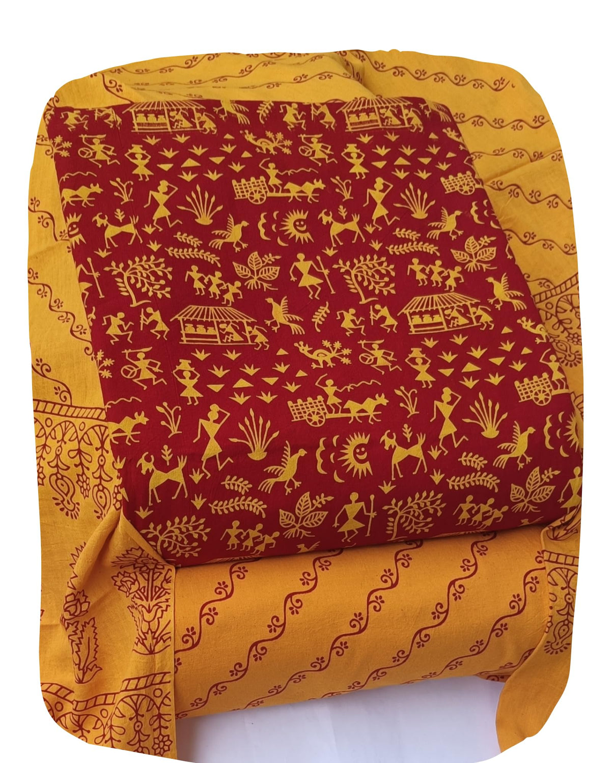 DRAVINAM Trends Women's Premium Cotton Unstitched Salwar Suit Dress Material Set | Traditional Rajasthani Gujari Block Print (Red & Mustard Yellow)