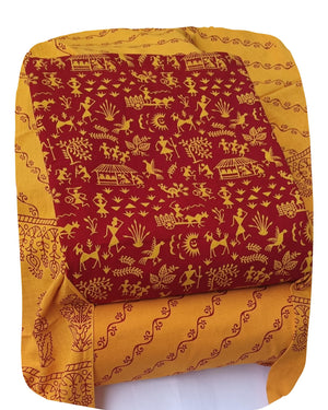 DRAVINAM Trends Women's Premium Cotton Unstitched Salwar Suit Dress Material Set | Traditional Rajasthani Gujari Block Print (Red & Mustard Yellow)