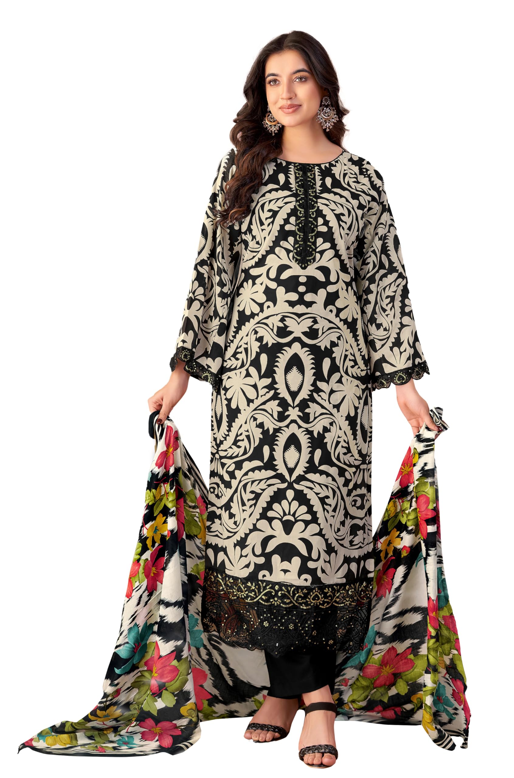 DRAVINAM Trends Unstitched Pakistani Embroidered Pure Cambric Cotton Salwar Suit Dress Materials with Mal Mal Cotton Printed Dupatta
