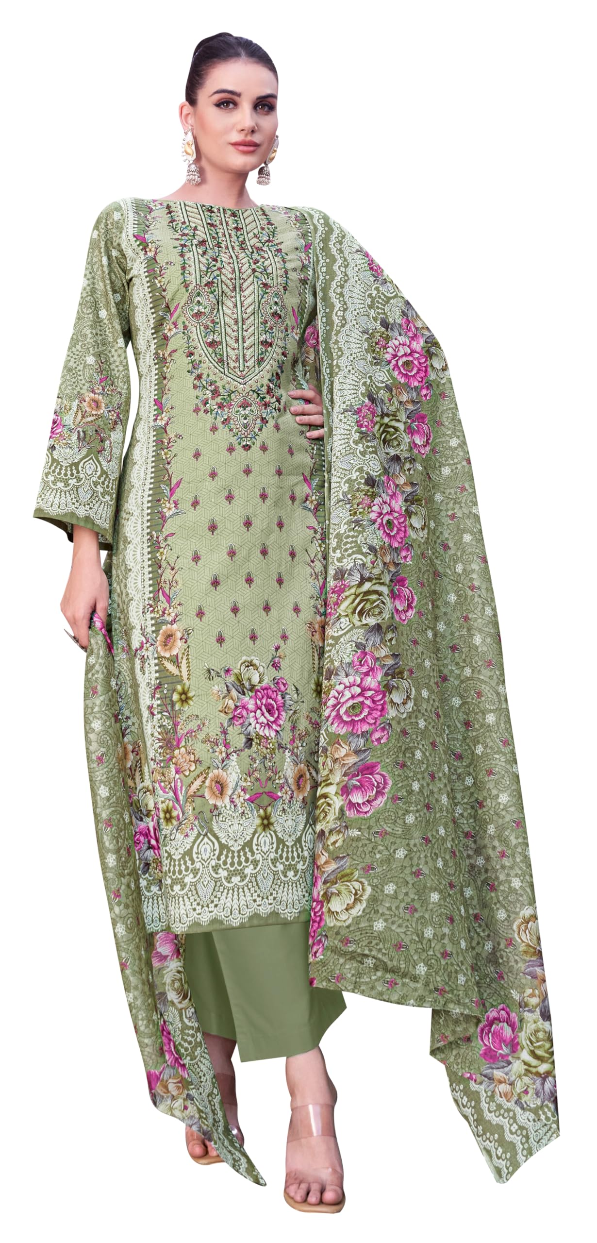 DRAVINAM Trends Unstitched Pakistani Embroidered Pure Cambric Cotton Salwar Suit Dress Materials with Cotton Dupatta