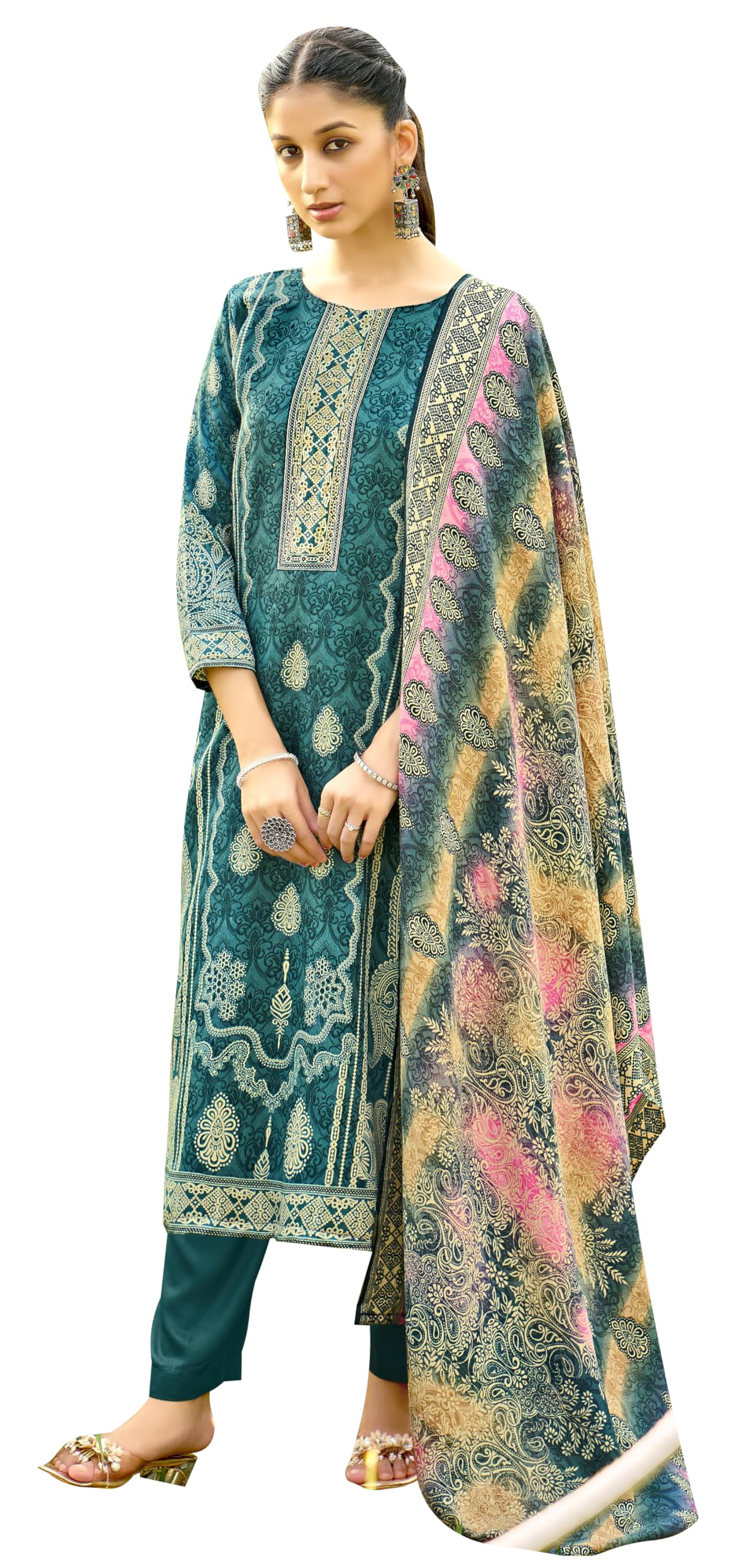 DRAVINAM Trends Women's Unstitched Winter Wear Swaroski Diamond Work Pakistani Woollen Pashmina Salwar Suit Dress Material with Twill Pashmina Printed Shawl Dupatta