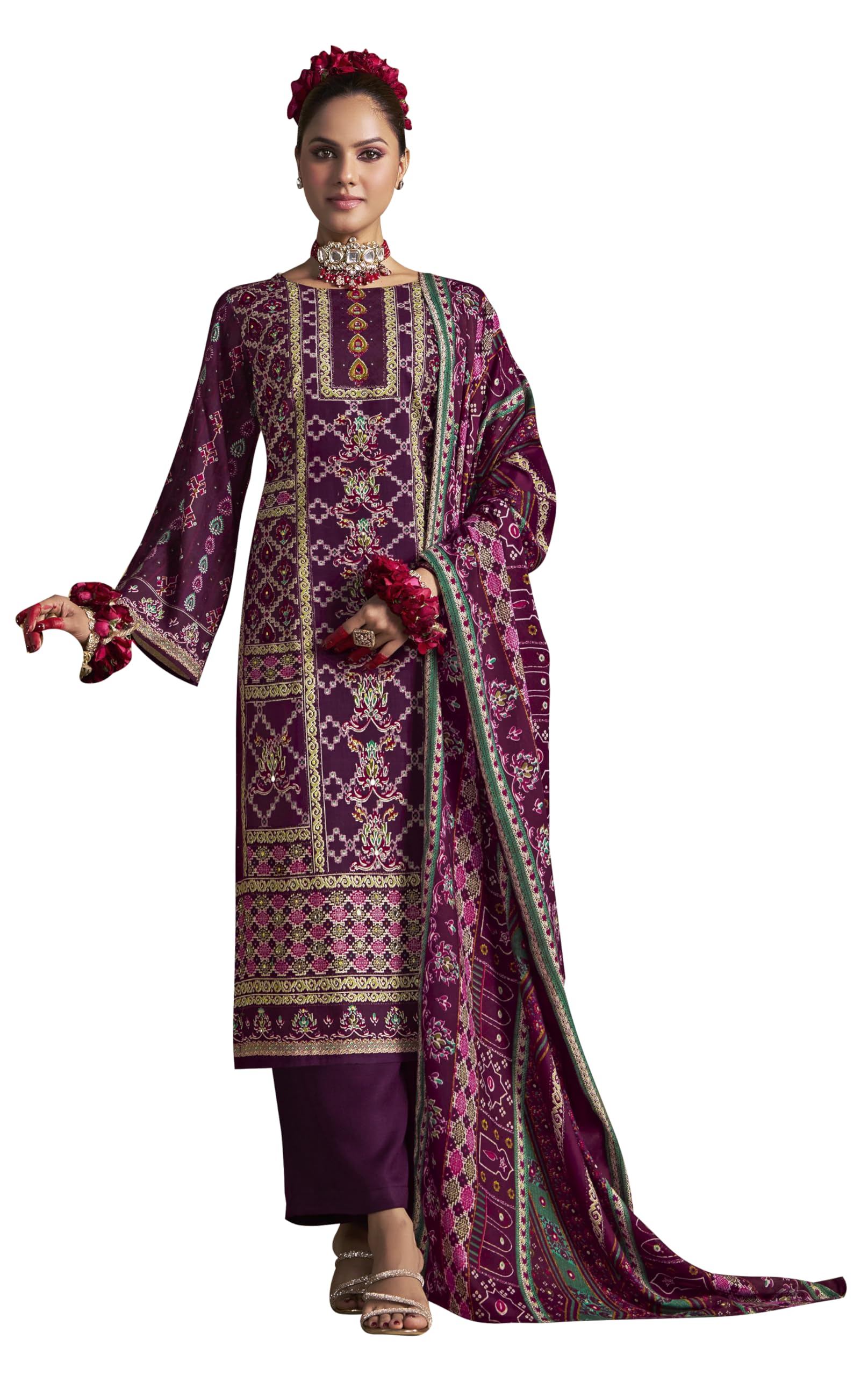 DRAVINAM Trends Women's Unstitched Rayon Salwar Suit Dress Material – Heavy Viscose Printed Top with Handwork II Pure Viscose Plain Bottom II Pure Cotton Mal Mal Printed Dupatta
