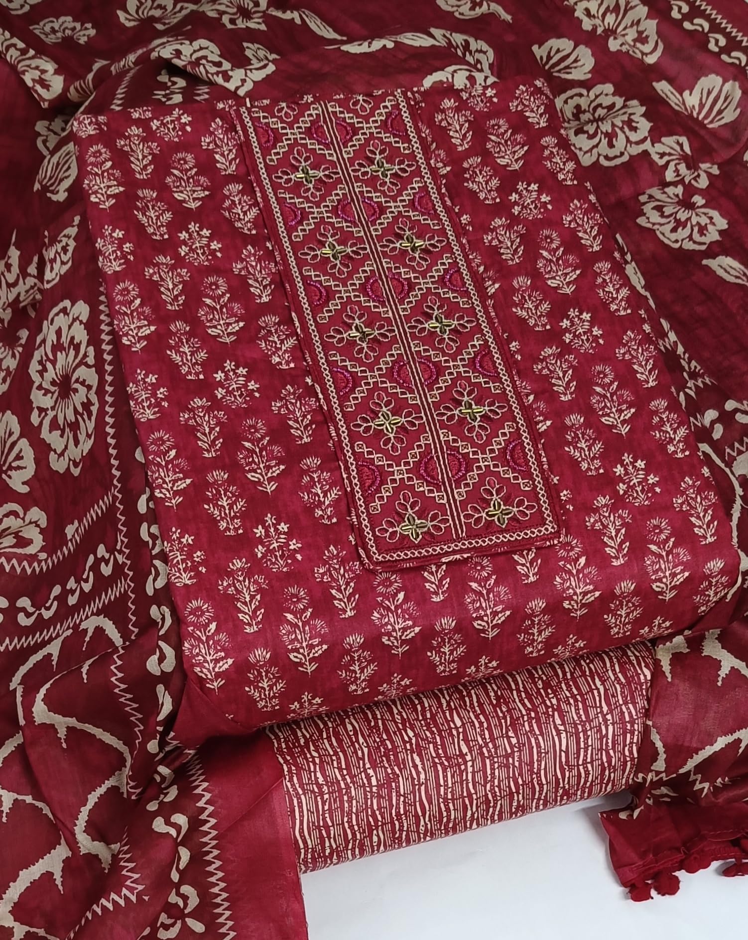 DRAVINAM Trends Women's Printed Embroidered and Hand Work Premium Cotton Jaipuri Unstitched Salwar Suit Dress Material with Mulmul Cotton Dupatta