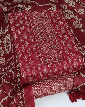DRAVINAM Trends Women's Printed Embroidered and Hand Work Premium Cotton Jaipuri Unstitched Salwar Suit Dress Material with Mulmul Cotton Dupatta