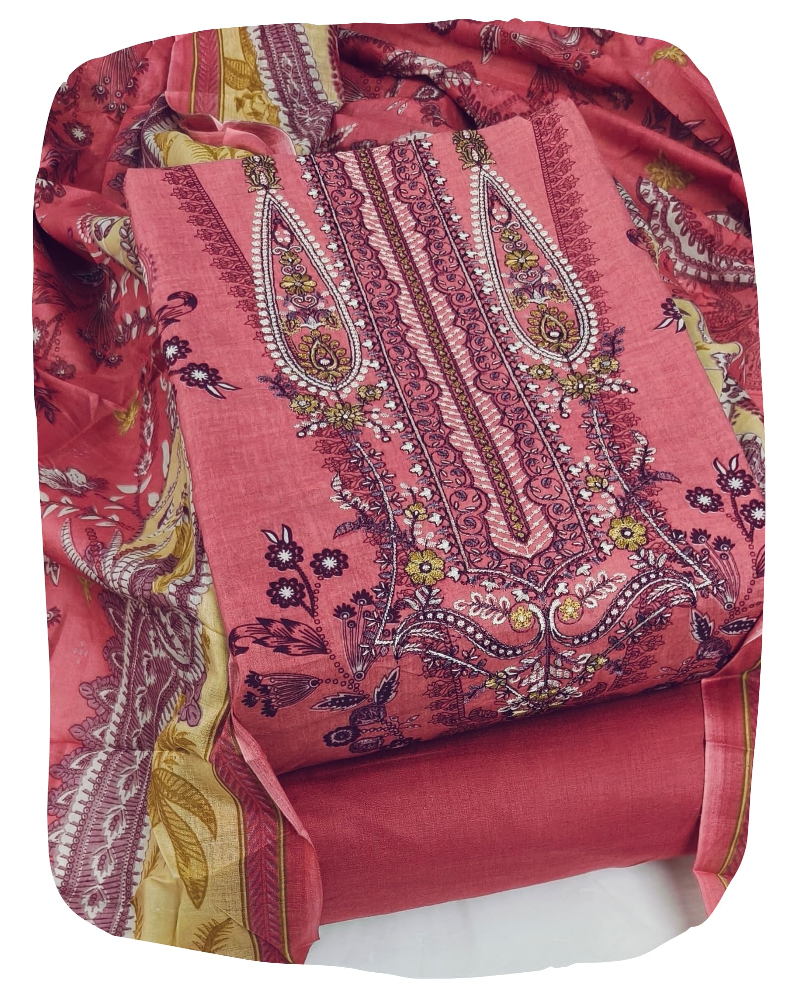 DRAVINAM Trends Women's Pure Cotton Unstitched Salwar Suit Dress Material Set | Pakistani Prints with Embroidery I Mulmul Dupatta