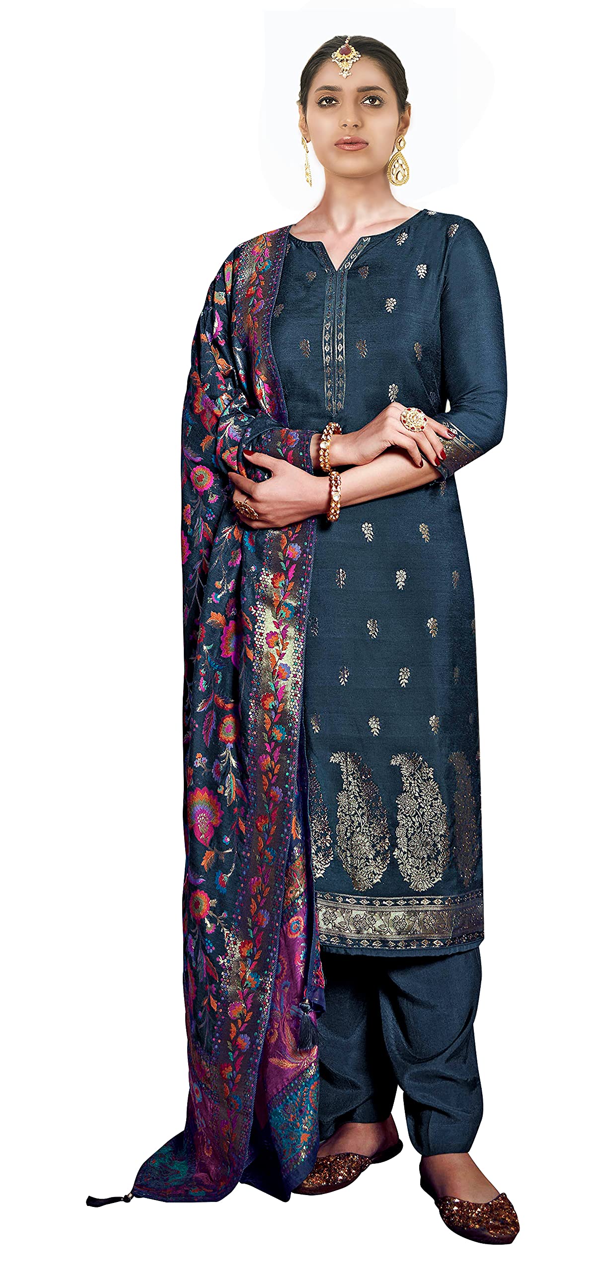 DRAVINAM Trends Women's Pure Dola Silk jacquard Bandhani Digital printed Sharara style Unstitched Suit Dress material with Pure Dola silk Woven Banarasi Dupatta (Free size_Pink)