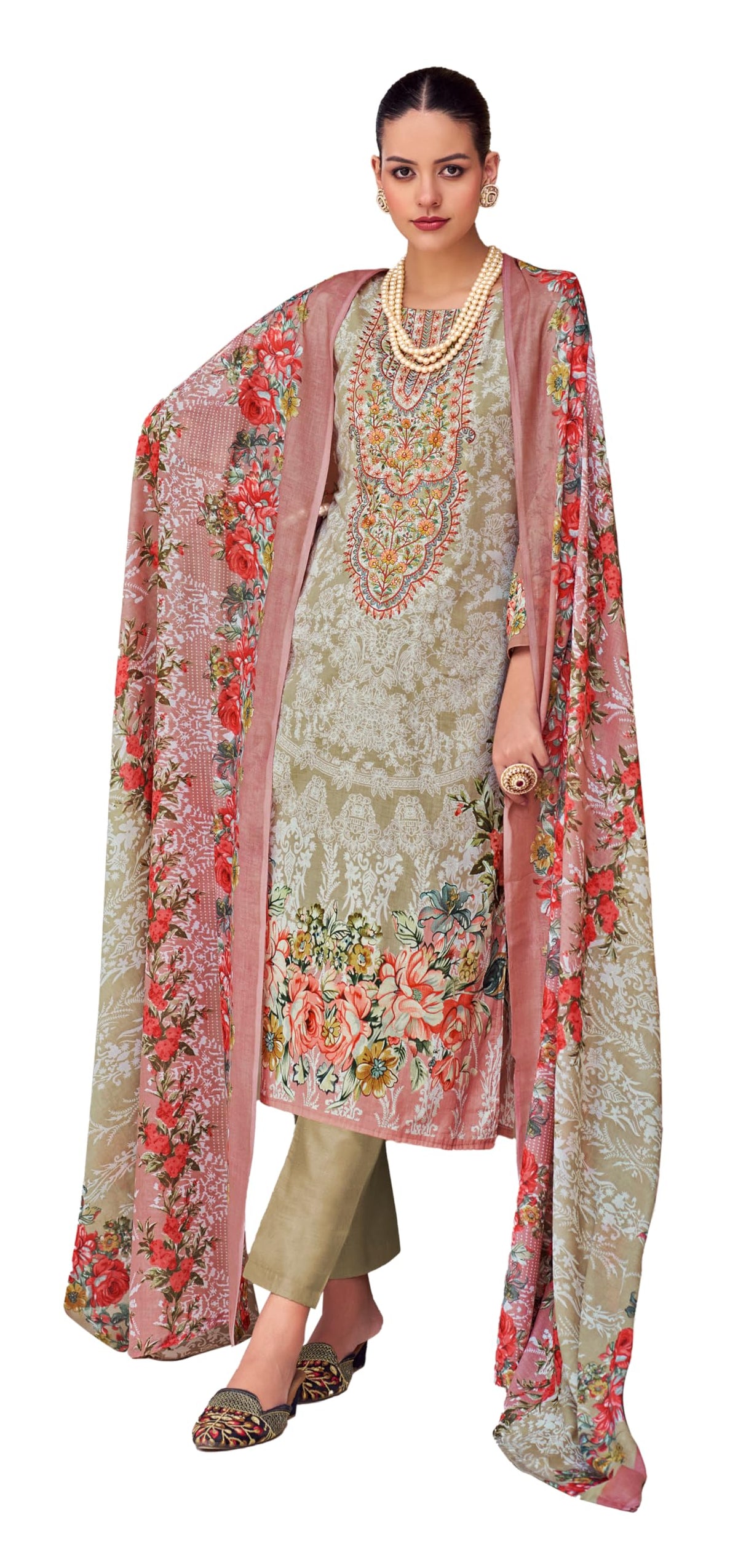 DRAVINAM Trends Unstitched Pakistani Embroidered Pure Cotton Salwar Suit Dress Materials with Cotton Dupatta