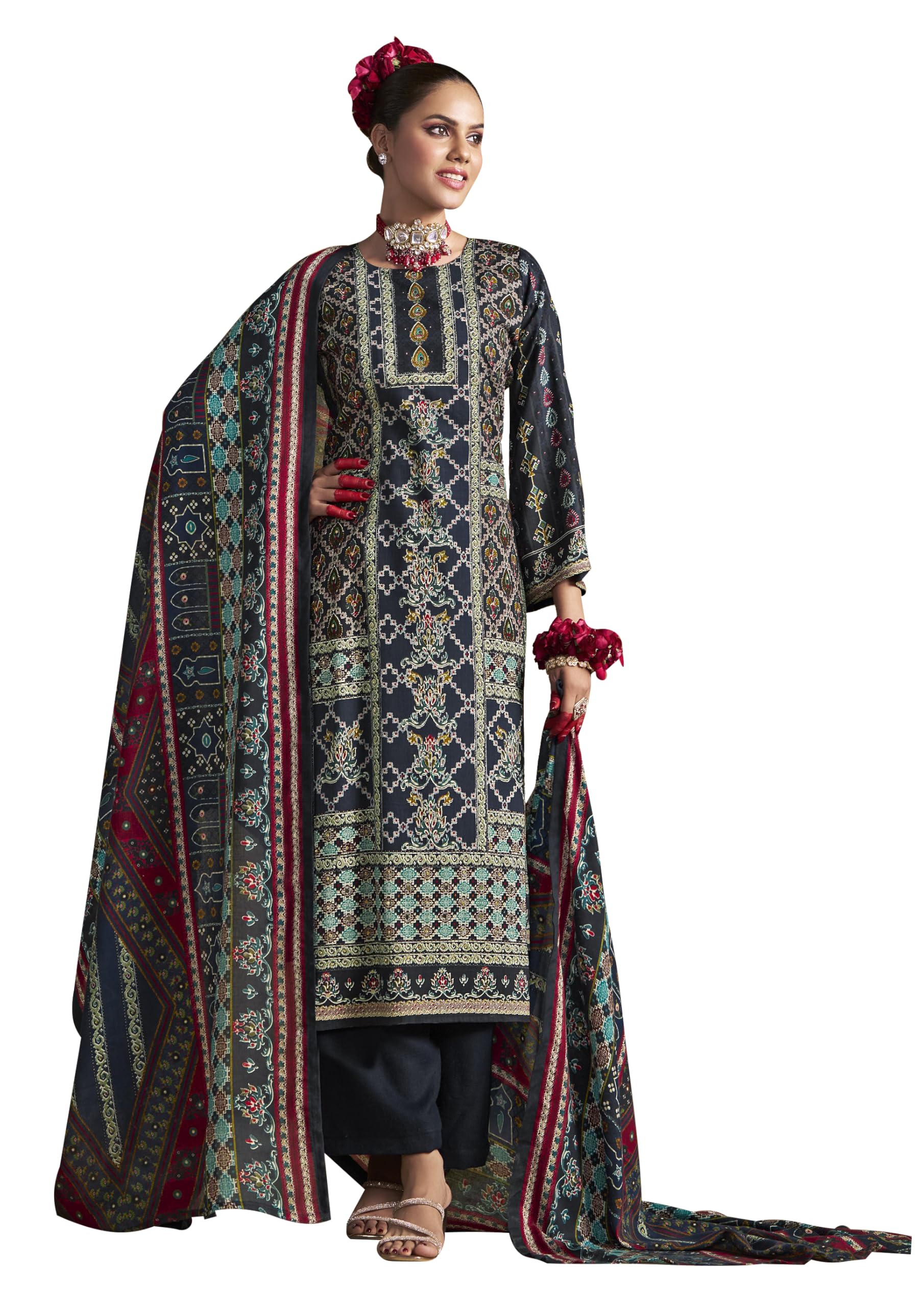 DRAVINAM Trends Women's Unstitched Rayon Salwar Suit Dress Material – Heavy Viscose Printed Top with Handwork II Pure Viscose Plain Bottom II Pure Cotton Mal Mal Printed Dupatta