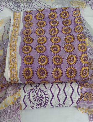 DRAVINAM Trends Hand Block Print Cambric Cotton Unstitched Salwar Suit Set for Women with Pure Chiffon Hand Printed Dupatta