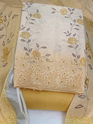 DRAVINAM Trends Women's Premium Pure Linen Floral Printed Unstitched Salwar Suit Dress Material with Dupatta