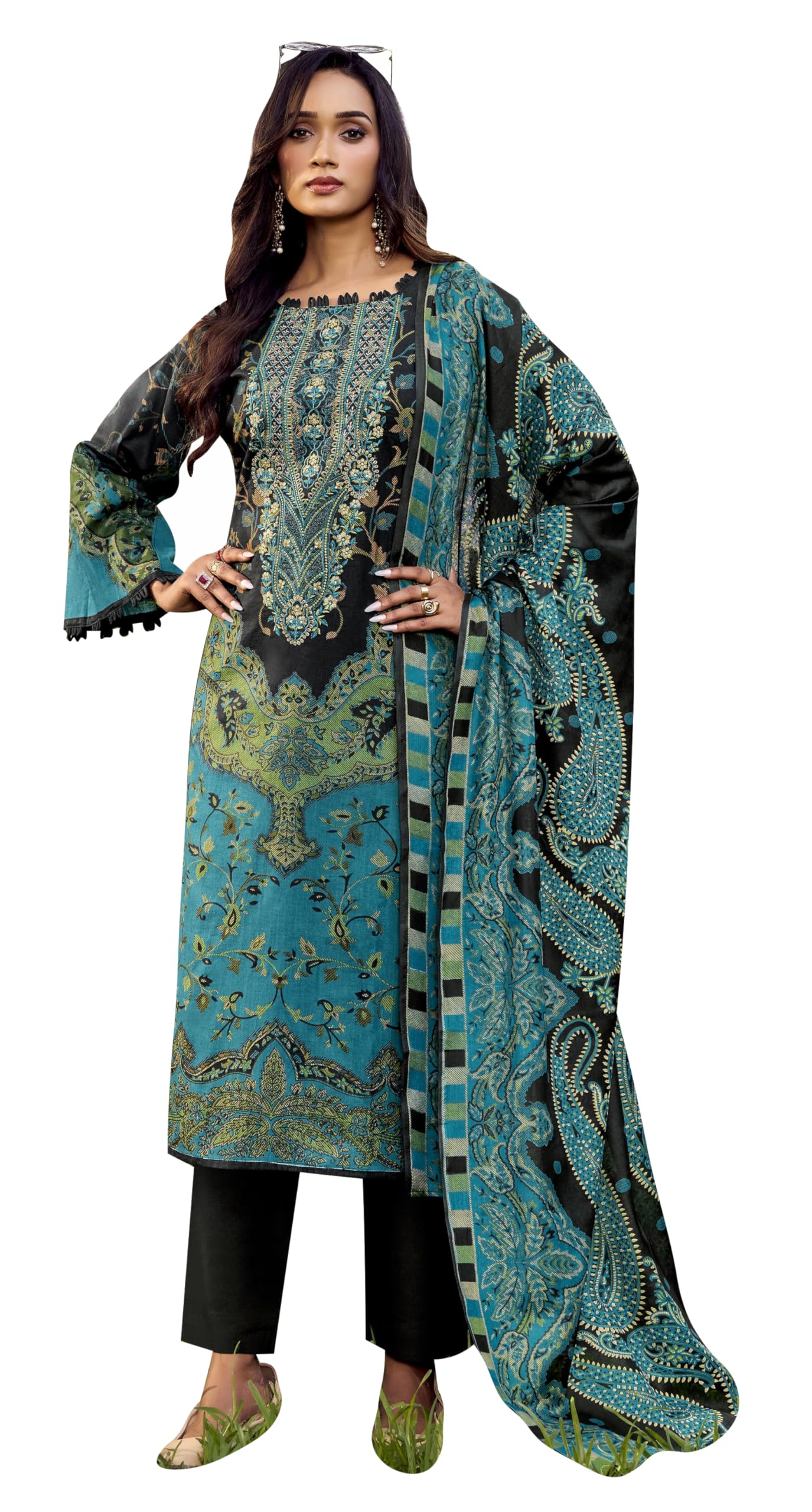 DRAVINAM Trends Women's Unstitched Cotton Suit Dress Material -Embroidered Digital Print Top II Plain Bottoms II Digital Print Dupatta