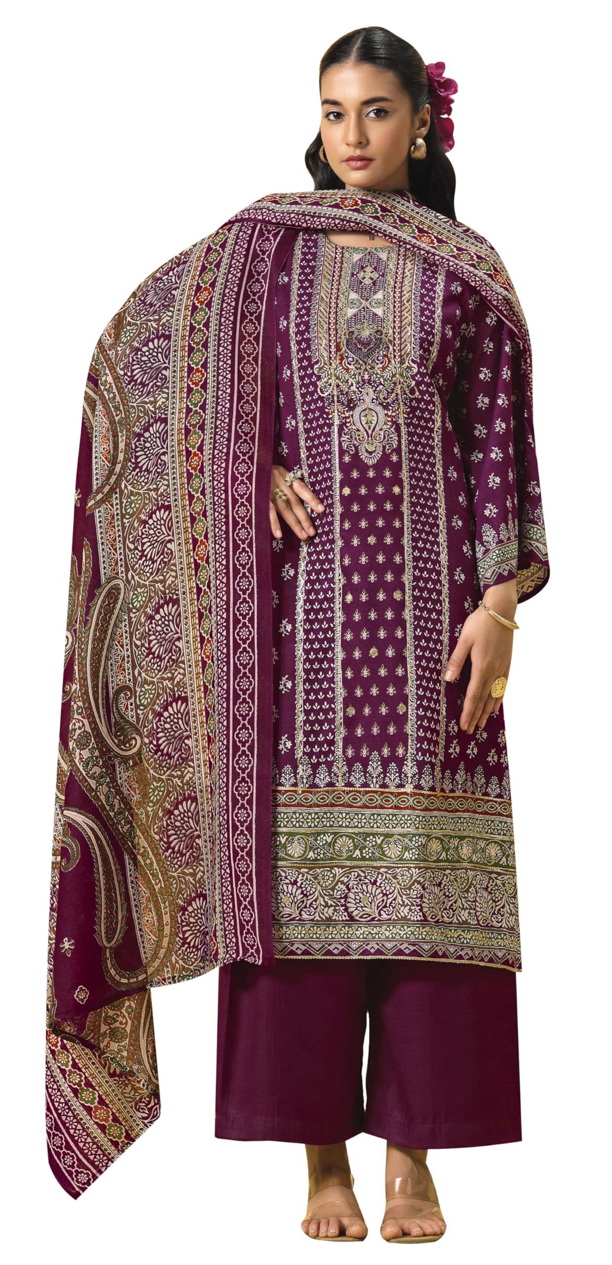 DRAVINAM Trends Women's Unstitched Salwar Suit Dress Material - Cotton Digital Printed Organza Embroidered Kameez II Unstitch Bottoms II Cotton Dupatta