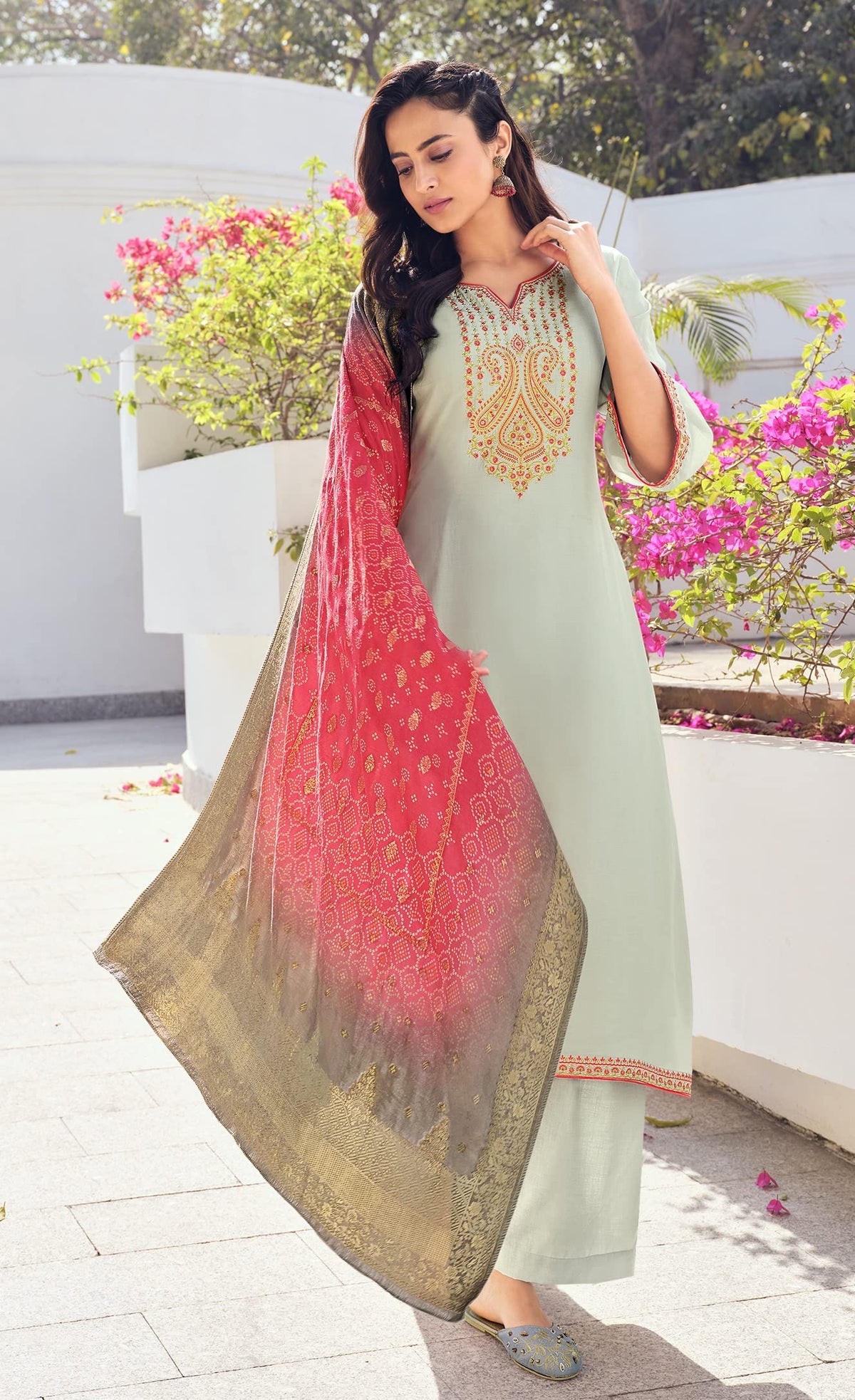 DRAVINAM Trends Women's Pure Muslin Embroidered Pakistani salwar suit dress material with Pure Viscose Dola Jacquard digital prints dupatta bridal collection (grey)