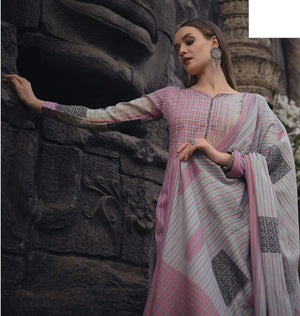 DRAVINAM Trends Women's Unstitched Embroidered Pure Cambric Cotton Salwar Suit Dress Material with Digital Printed Pure Mal Cotton Dupatta (Pink and Grey)