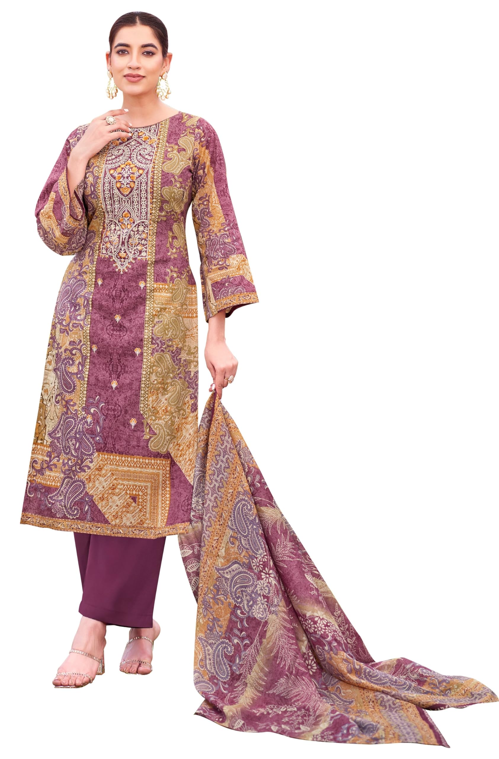 DRAVINAM Trends Women's Unstitched Salwar Suit Dress Material - Cotton Digital Printed Organza Embroidered Kameez II Unstitch Bottoms II Cotton Dupatta