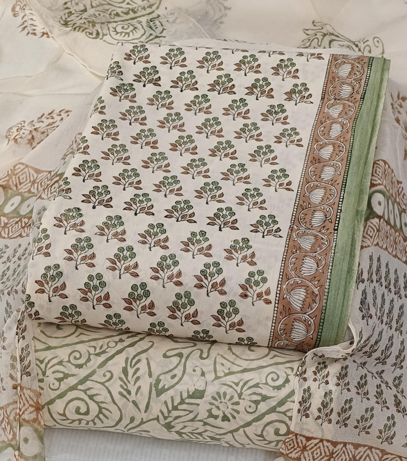 DRAVINAM Trends Hand Block Print Cambric Cotton Unstitched Salwar Suit Set for Women with Pure Chiffon Hand Printed Dupatta