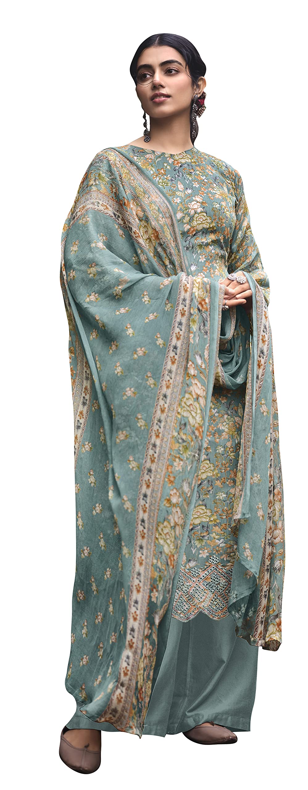 DRAVINAM Trends Unstitched Digital Printed Pure Cotton Embroidered Suit Set with Pure Bember Dupatta