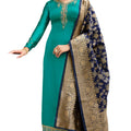 DRAVINAM Trends Women's Satin Georgette Zari Embroidered Unstitched Suit Dress Material with Pure Banarasi Heavy Woven Dupatta (With Inner) (Free size_Blue)