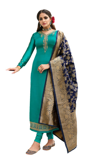 DRAVINAM Trends Women's Satin Georgette Zari Embroidered Unstitched Suit Dress Material with Pure Banarasi Heavy Woven Dupatta (With Inner) (Free size_Blue)