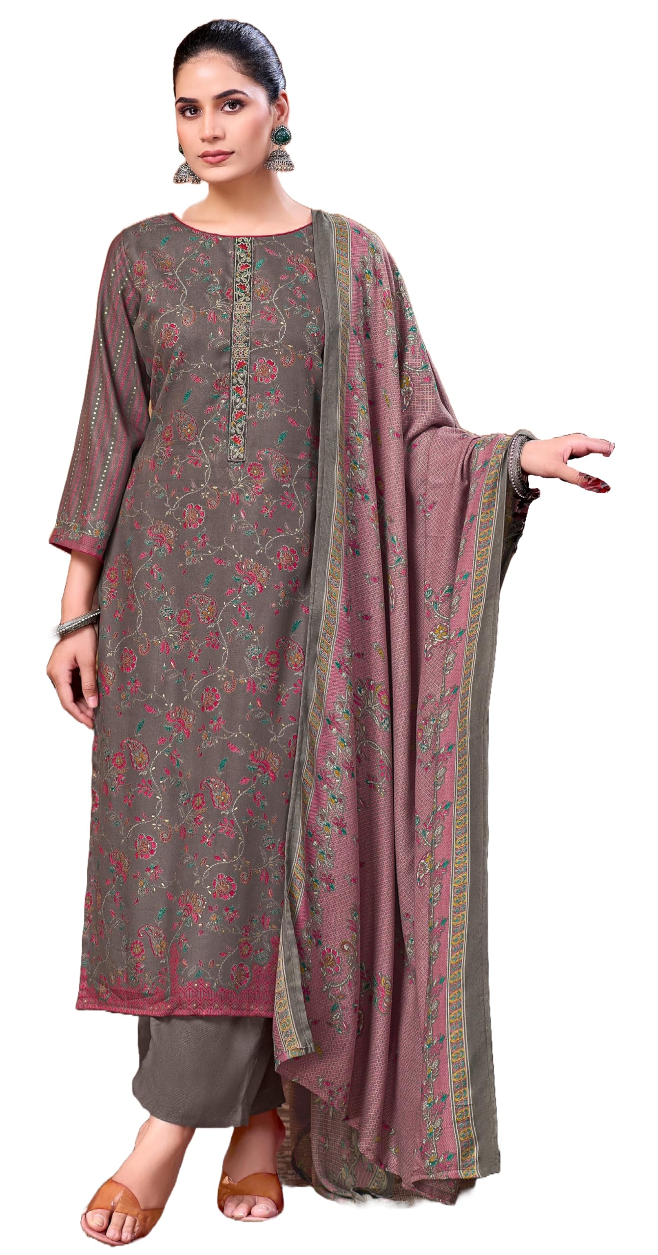 DRAVINAM Trends Women's Winter Wear Unstitched Discharge Print Hand Work Neck Embroidered Woollen Viscose Pashmina Salwar Suit Dress Material with Pashmina Printed Shawl Dupatta