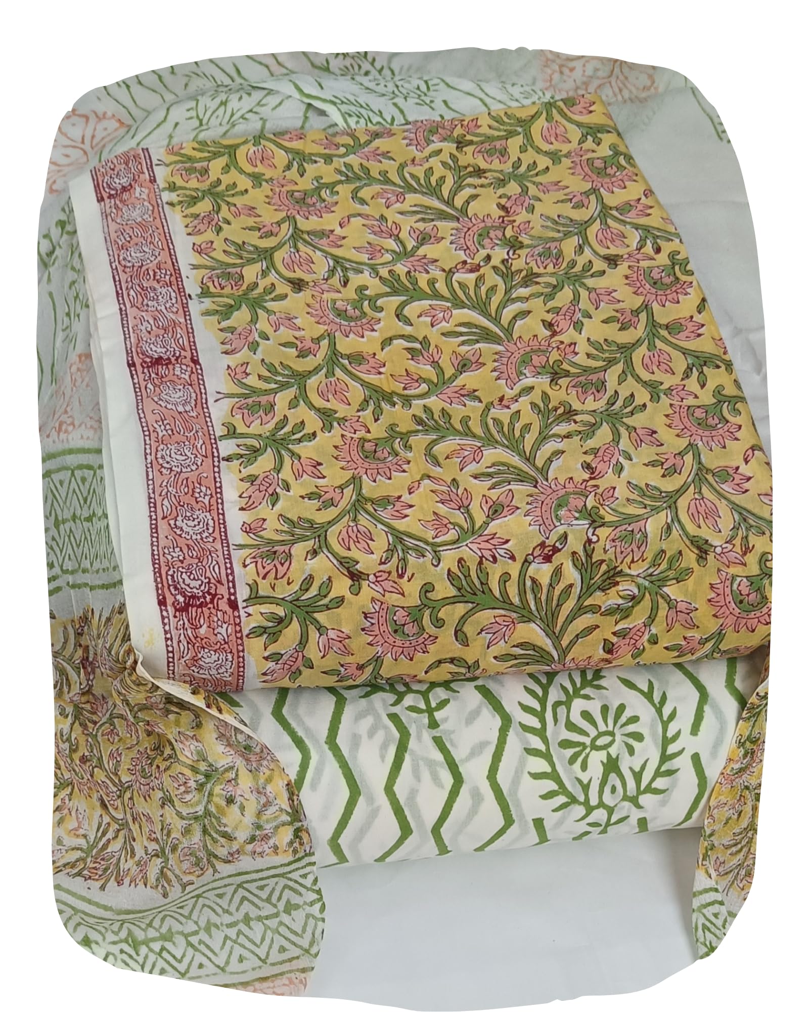 DRAVINAM Trends Hand Block Print Cambric Cotton Unstitched Salwar Suit Set for Women with Pure Chiffon Hand Printed Dupatta