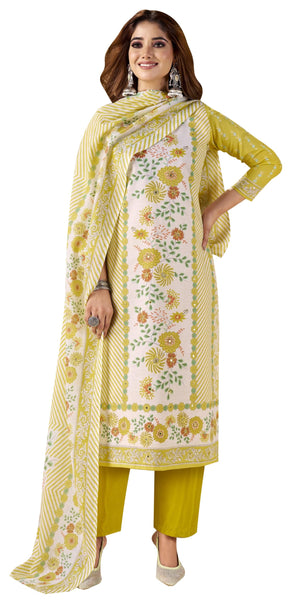 DRAVINAM Trends Women's Unstitched Salwar Suit Dress Material - Cotton Printed Hand Embroidered Kameez II Unstitched Bottoms II Cotton Dupatta
