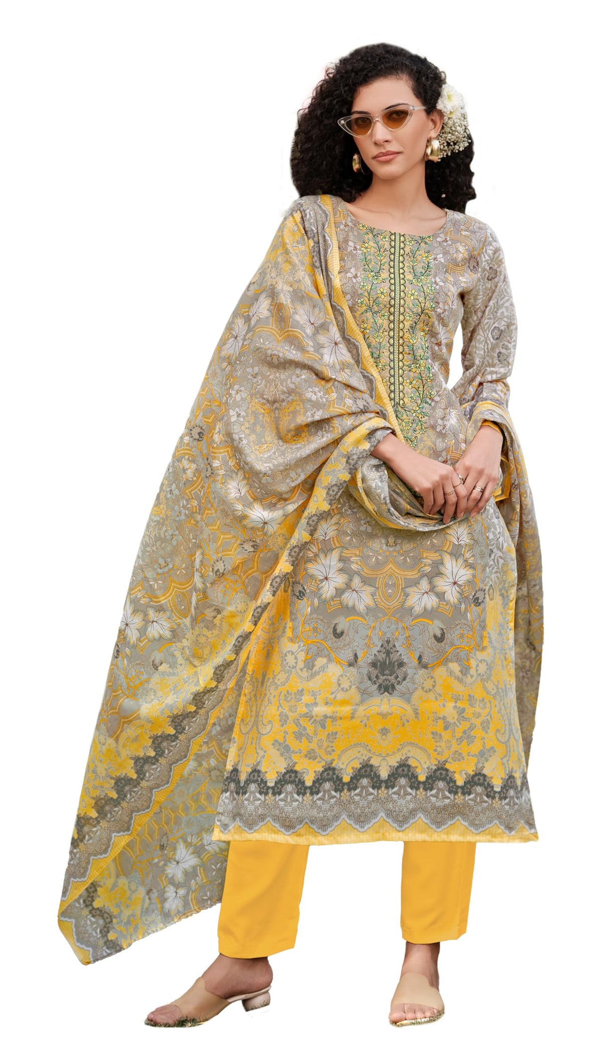 DRAVINAM Trends Women's Unstitched Salwar Suit Dress Material - Cotton Digital Printed Organza Embroidered Kameez II Unstitch Bottoms II Cotton Dupatta