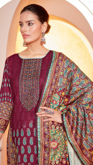 DRAVINAM Trends Women's Swaroski Work Unstitched Digital Printed Embroidered Winter Woollen Pashmina Salwar Suit Dress Material with Woolen Shawl Dupatta