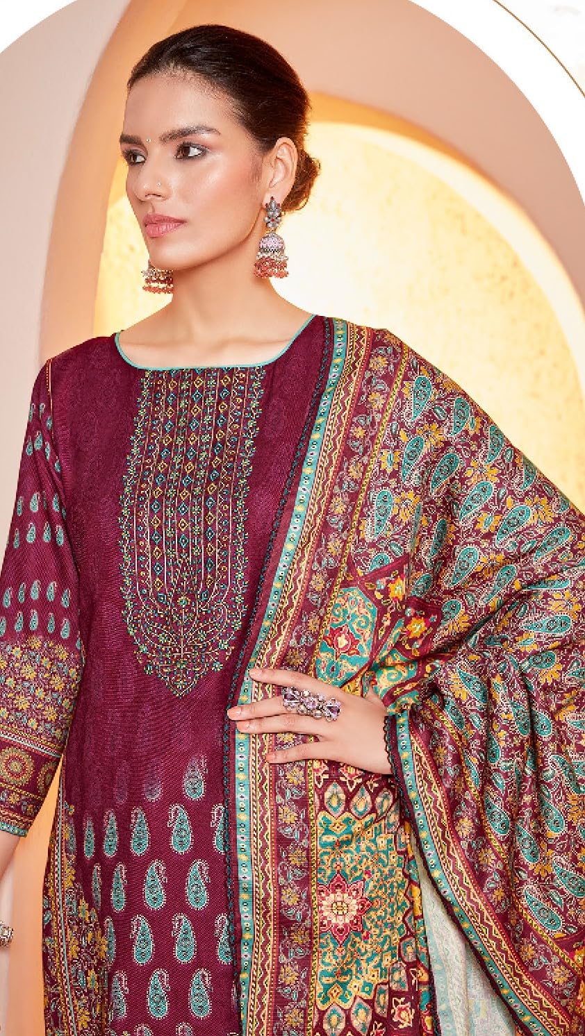 DRAVINAM Trends Women's Swaroski Work Unstitched Digital Printed Embroidered Winter Woollen Pashmina Salwar Suit Dress Material with Woolen Shawl Dupatta