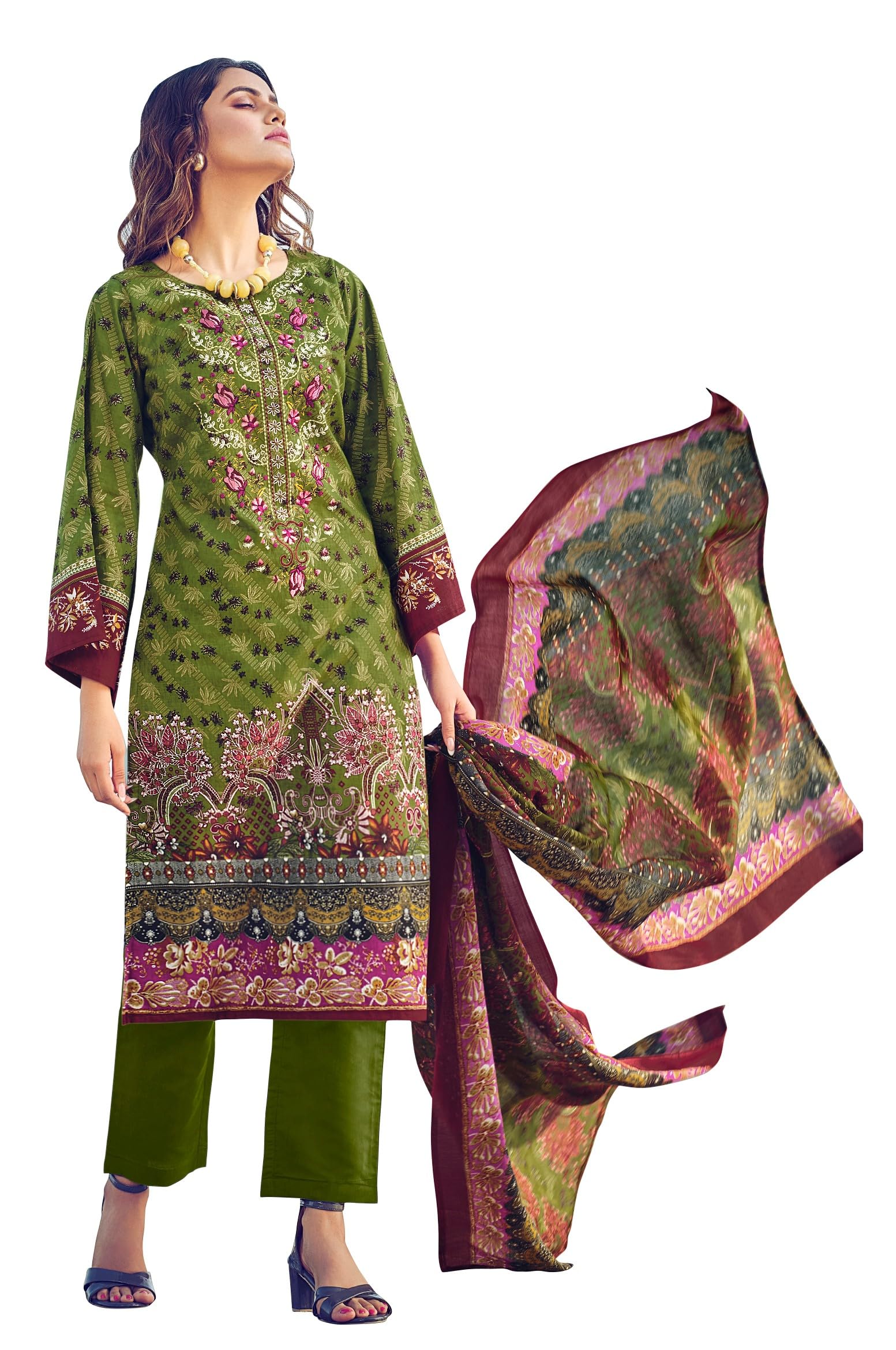 DRAVINAM Trends Women's Unstitched Premium Cotton Suit Material - Soft Digital Printed Embroidered Kameez II Matching Bottoms II Malmal Printed Dupatta
