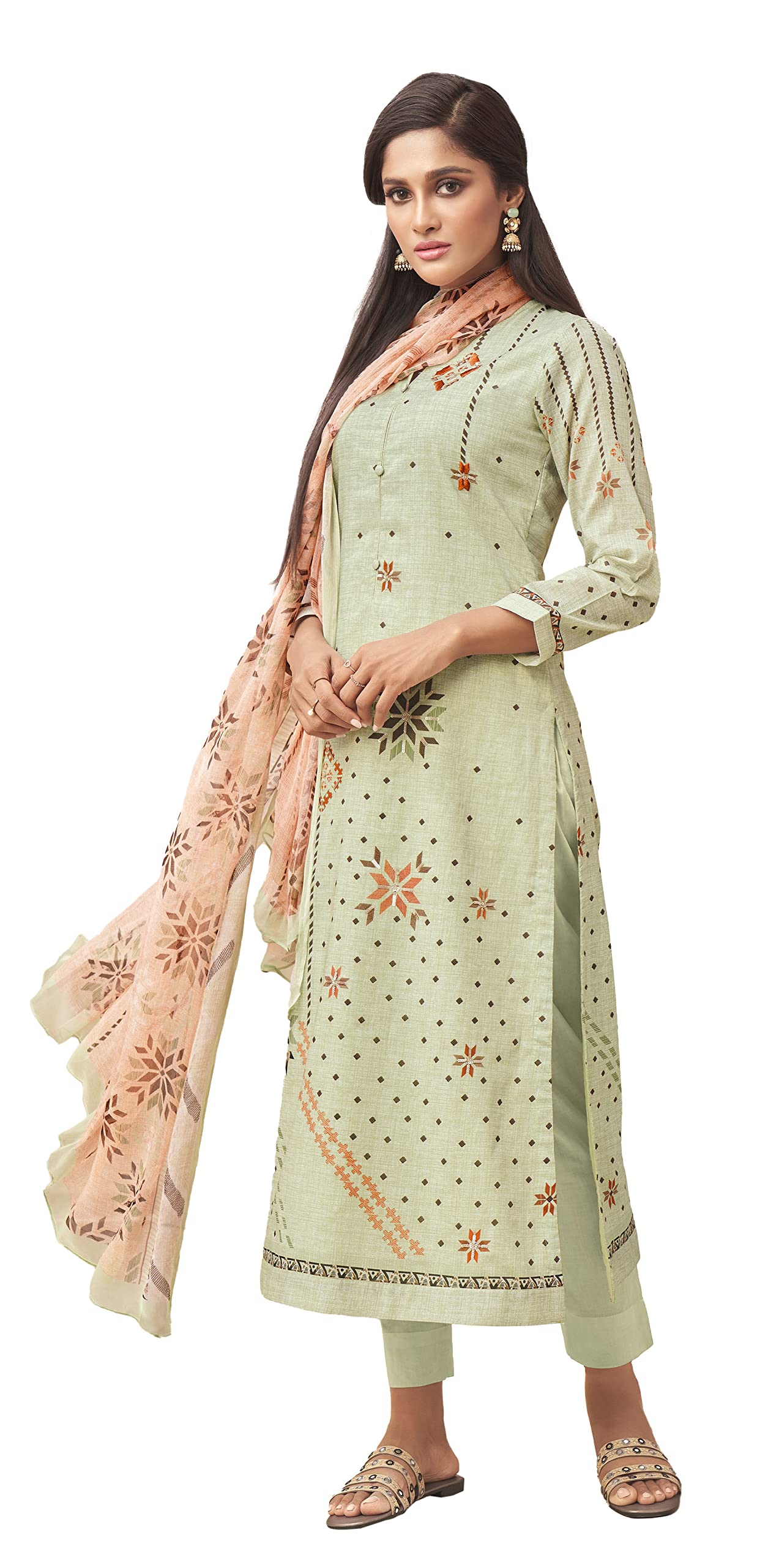 DRAVINAM Trends Women's Unstitched Hand Embroidered Digital Printed Pure Cambric Cotton Salwar Suit Dress Material with Digital Printed Half Pure Dupatta (Light Green)