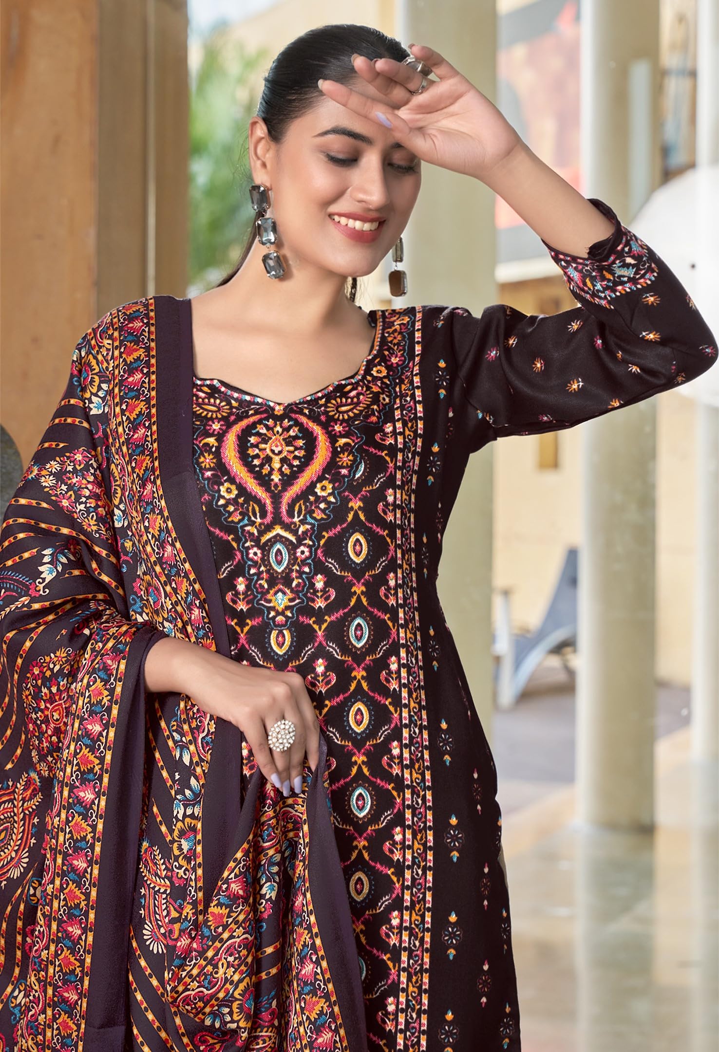 DRAVINAM Trends Women's Printed Woolen Pashmina Unstitch Salwar Suit Dress Material with Printed Woolen Warm Shawl Dupatta