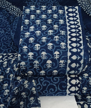 DRAVINAM Trends Hand Block Print Sanganeri Cambric Unstitched Cotton Suit Dress Material for Women with Mulmul Cotton Hand Printed Dupatta