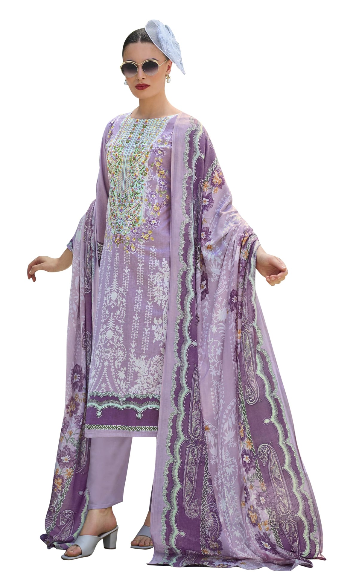 DRAVINAM Trends Kurti 2.50 mtrs, Pure Cotton (3 mtrs apx), Pure MAL MAL Cotton Dupatta Digital Print|Light Grey