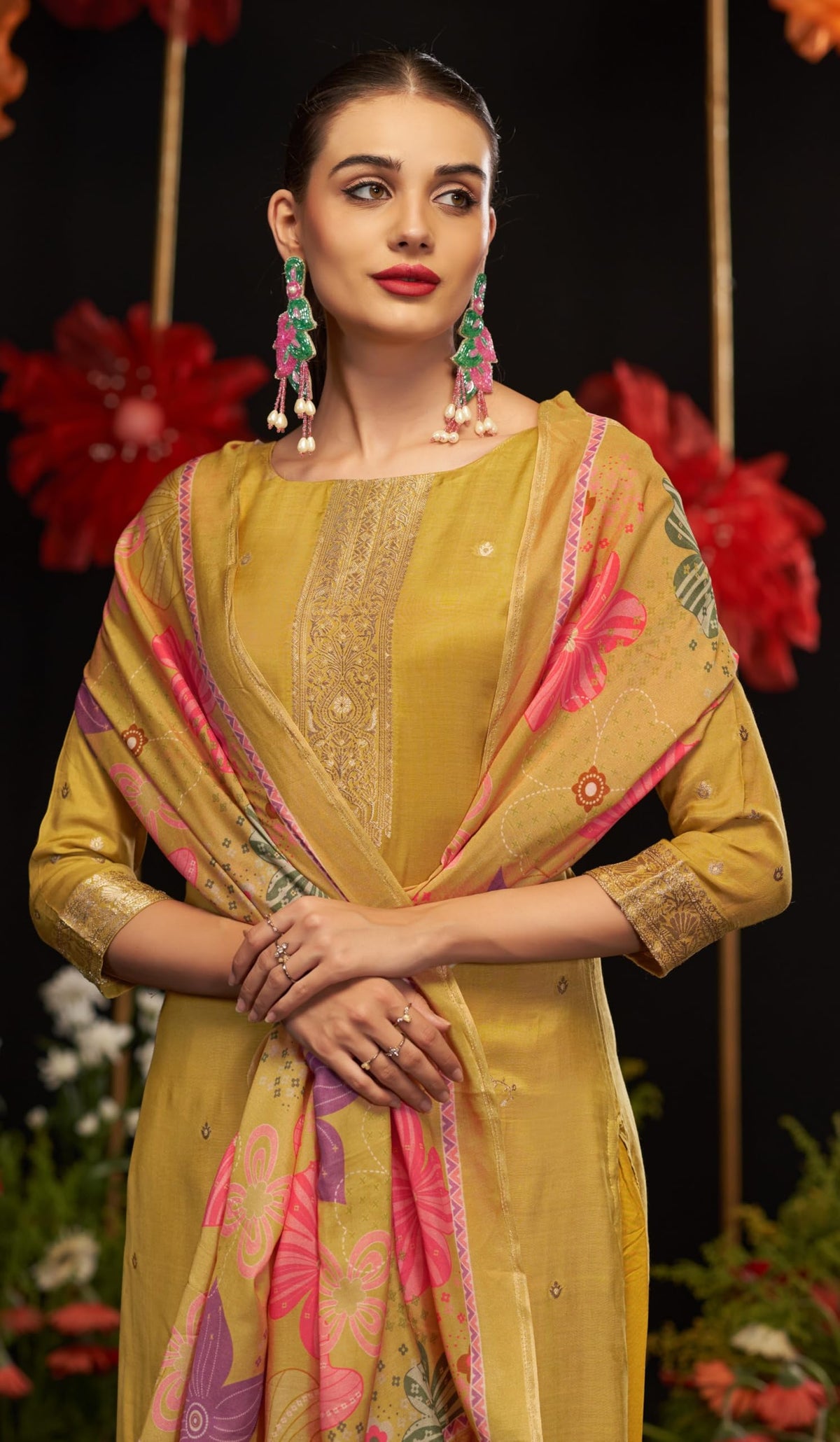 DRAVINAM Trends Women's Unstitched Maslin Salwar Suit Dress Material - Pure Bemberg Maslin Jacquard Kameez II Pure Jam Unstitch Bottoms II Viscose Maslin Digital Prints Dupatta