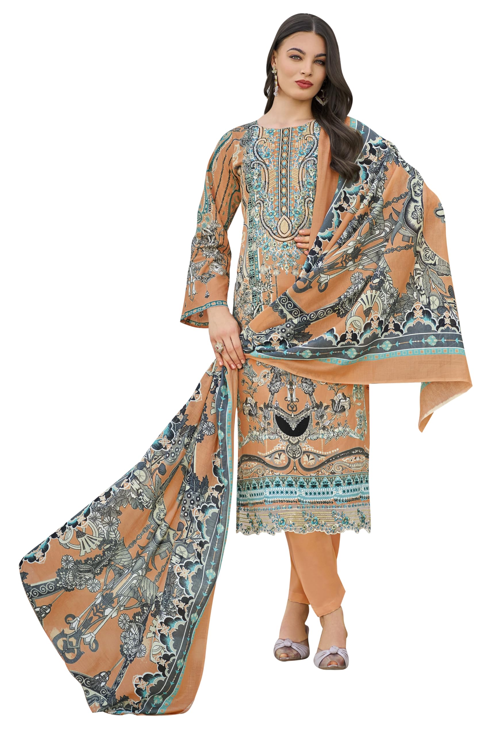 DRAVINAM Trends Women's Unstitched Salwar Suit Dress Material - Cotton Digital Printed Organza Embroidered Kameez II Solid Bottoms II Printed Dupatta