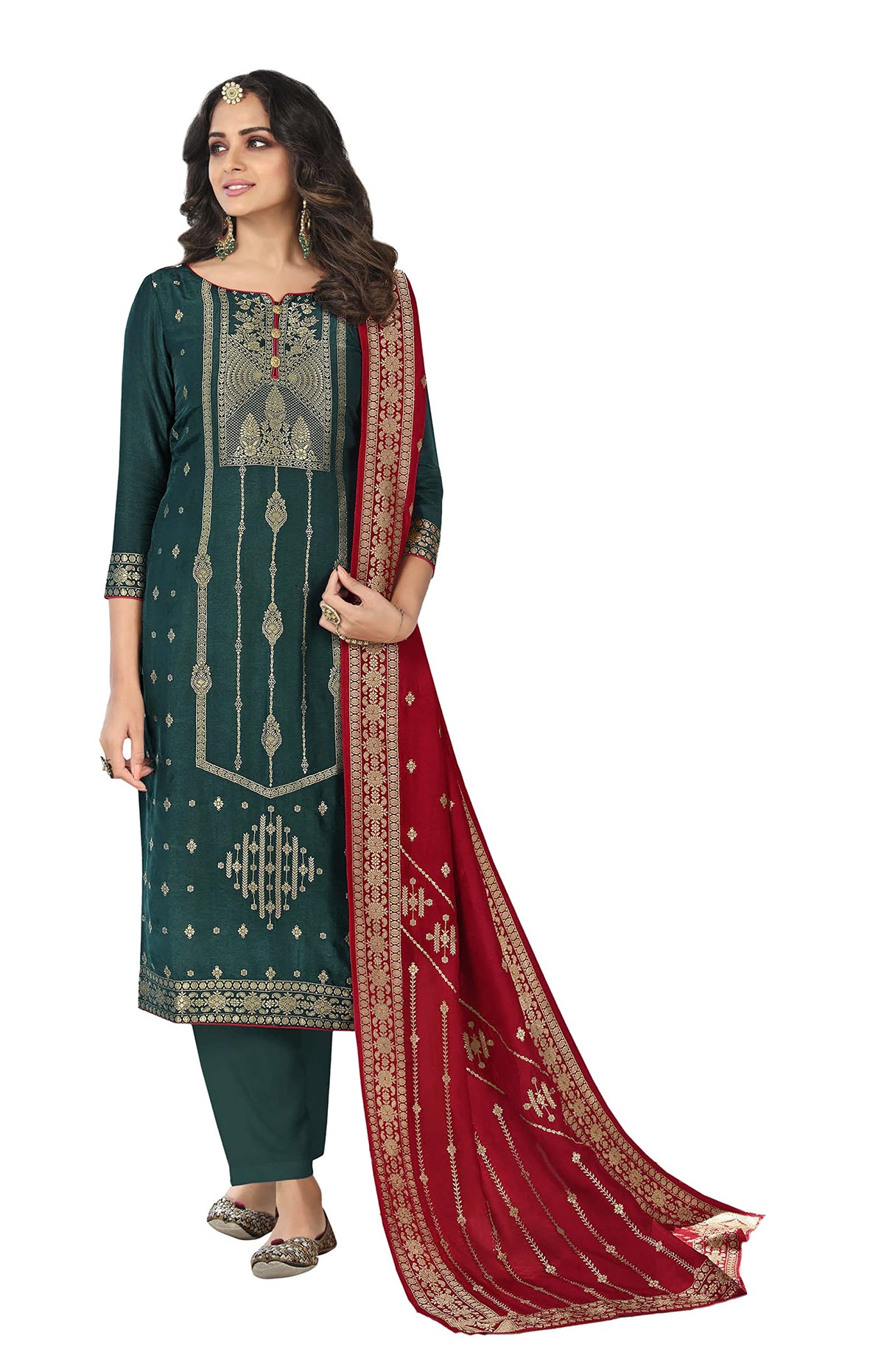 DRAVINAM Trends Women’s Unstitched banarasi Salwar Suit Fabric Dress Material with pure banarasi Dupatta (Red)