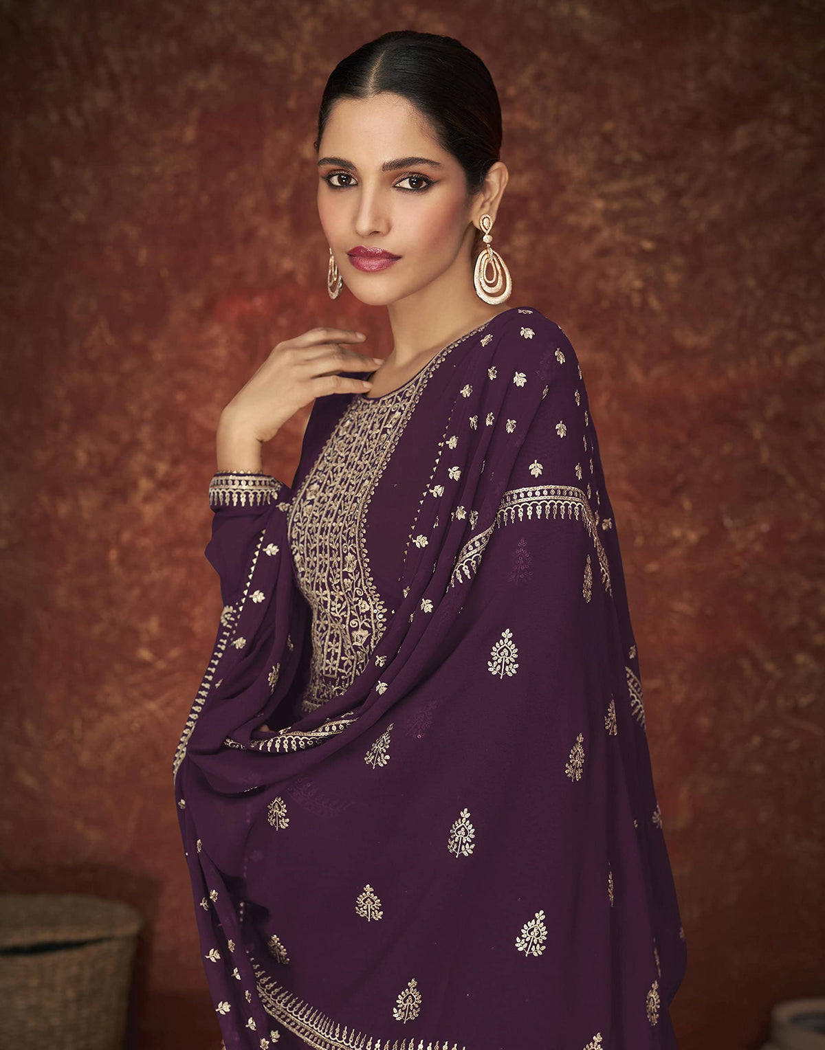 DRAVINAM Trends Women's Pure Georgette Zari Embroidered Palazo Suit Dress Material with Jari Embroidered Georgette Dupatta (Free Size_Bottle Falsa)