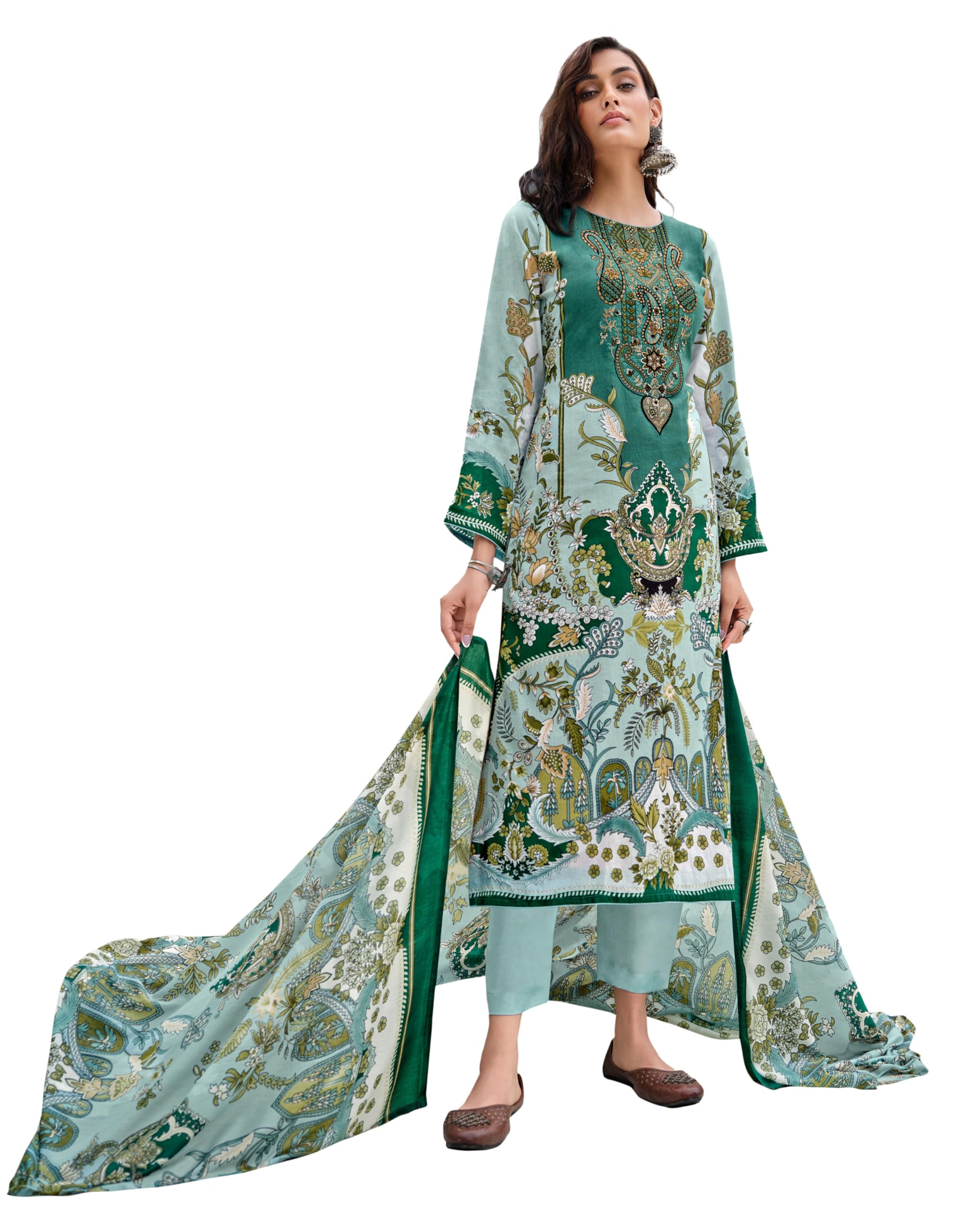 DRAVINAM Trends Women's Lawn Cotton Pakistani Embroidered Suit Dress Material with Unstitched Bottoms and Cotton Dupatta