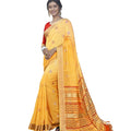 DRAVINAM Trends Women's Foil Printed Thin Cotton Saree with Golden Border and Tassels and Blouse Piece - Turmeric Yellow and Red