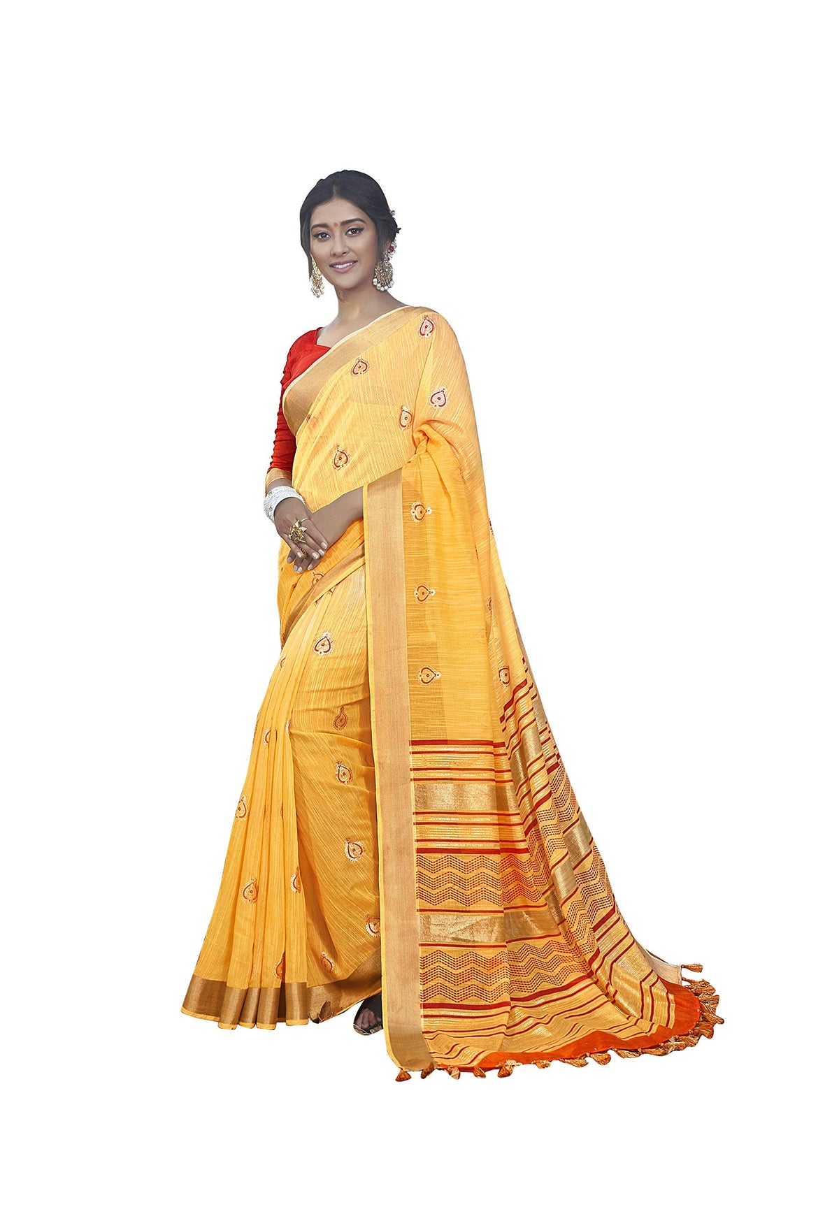 DRAVINAM Trends Women's Foil Printed Thin Cotton Saree with Golden Border and Tassels and Blouse Piece - Turmeric Yellow and Red