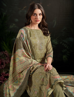 DRAVINAM Trends Women's Unstitched Maslin Salwar Suit Dress Material - Pure Bemberg Maslin Aari Work Kameez II Rayon Unstitch Bottoms II Viscose Maslin Digital Prints Dupatta