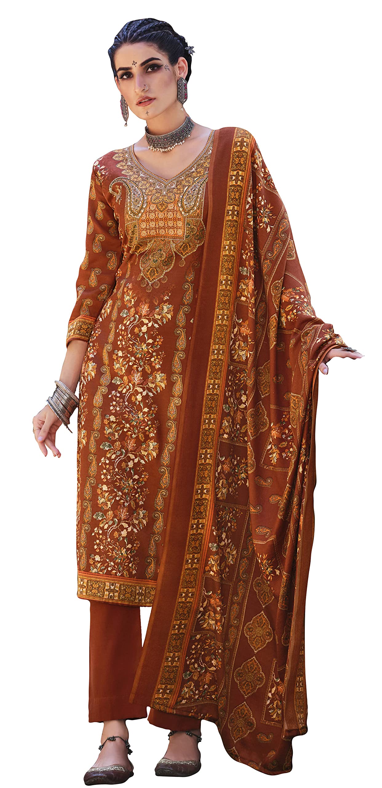 DRAVINAM Trends Un Stitched Women's Woolen Salwar suit Dress Material for winter wear with warm pashmina shawl dupatta (Orange)