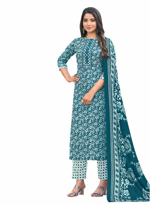 DRAVINAM Trends Women's Unstitched Cambric Cotton Printed Embroidered Salwar Suit Dress Material with Printed Cotton Digital printed Dupatta (Blue)
